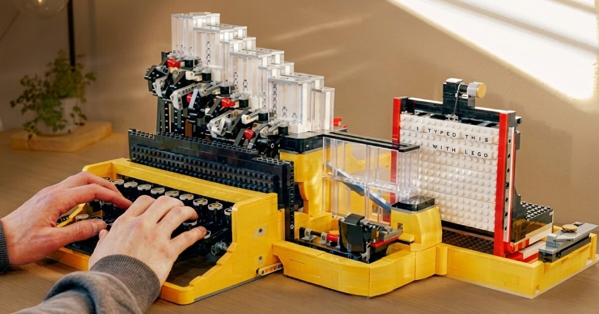 functional LEGO typewriter punches letters onto reusable board to write messages
