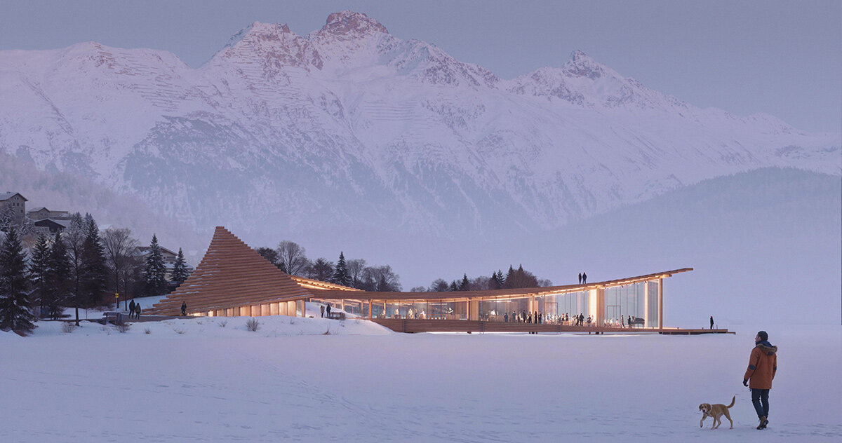 cluster of curved rooftops encloses .ket bureau’s lakeside wellness pavilion for st. moritz