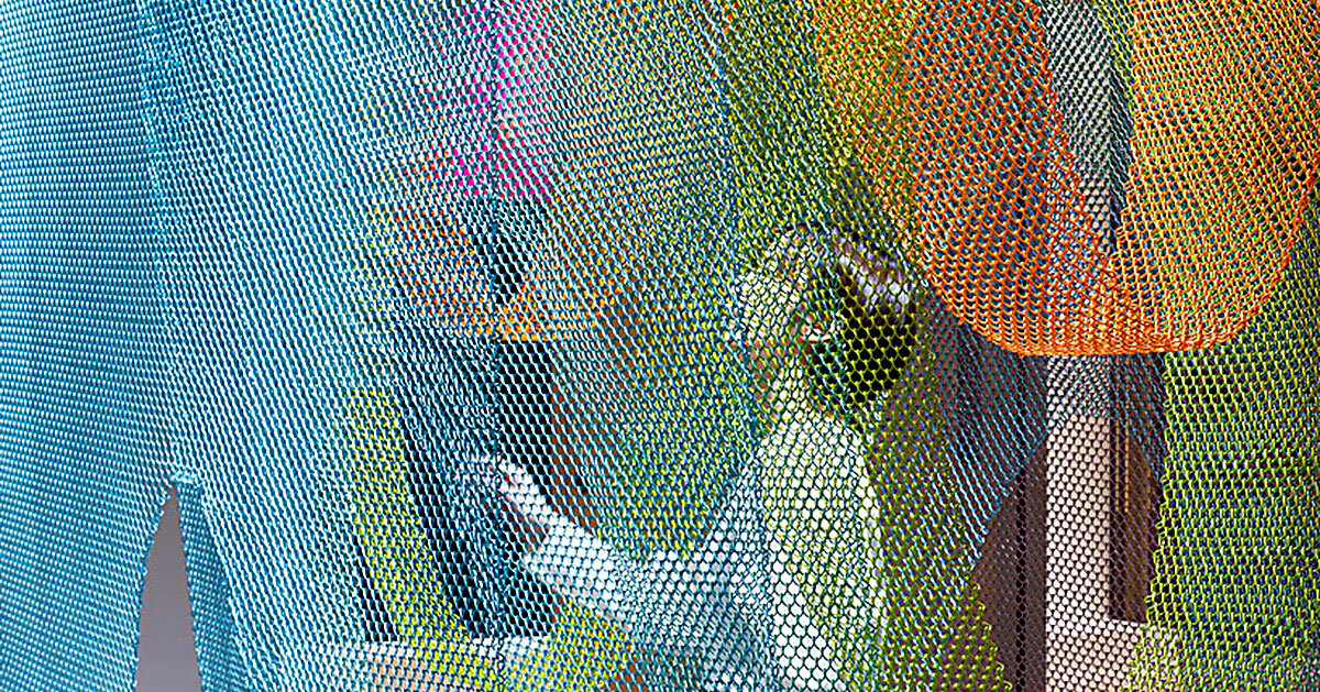 luminous layers of colored wire mesh weave tea ceremony house by moriyuki ochiai