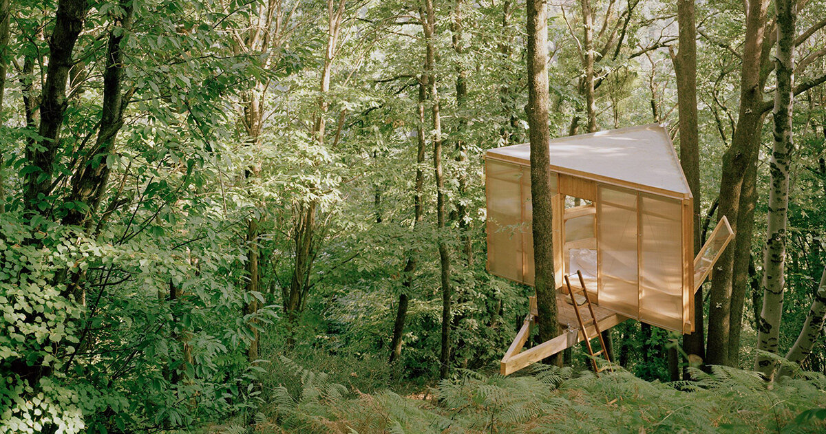 olin petzold hides minimalist ‘casetta tessino’ treehouse in the woods of switzerland