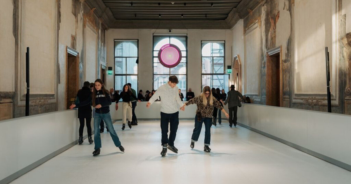 sustainable ice skating rink occupies palazzo diedo’s frescoed banquet hall in venice