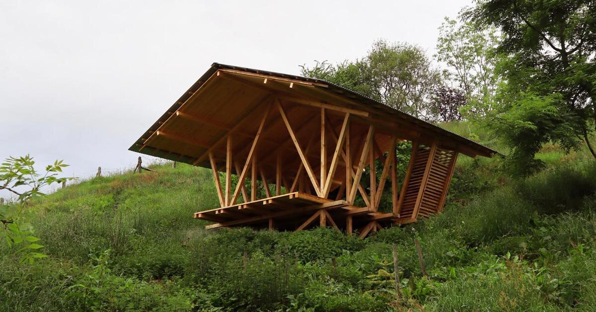gabled timber observation pavilion promotes agroforestry in asturias, spain