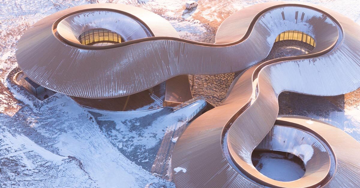 like a steel ribbon, volcano-in visitor center by PLAT ASIA undulates over steppe in china