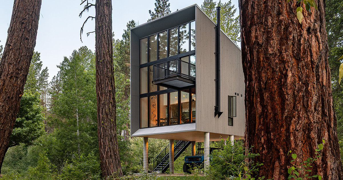 wittman estes perches modern cabin among the trees along washington's wenatchee river