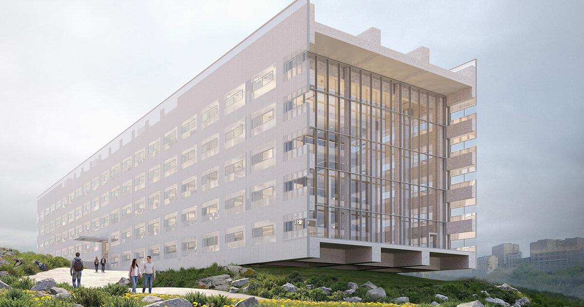 a glowing, dual cantilevered box defines MVRDV's project in yerevan, armenia