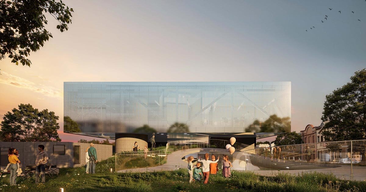 reflective metal facade wraps another side funeral home's elevated volume in san francisco