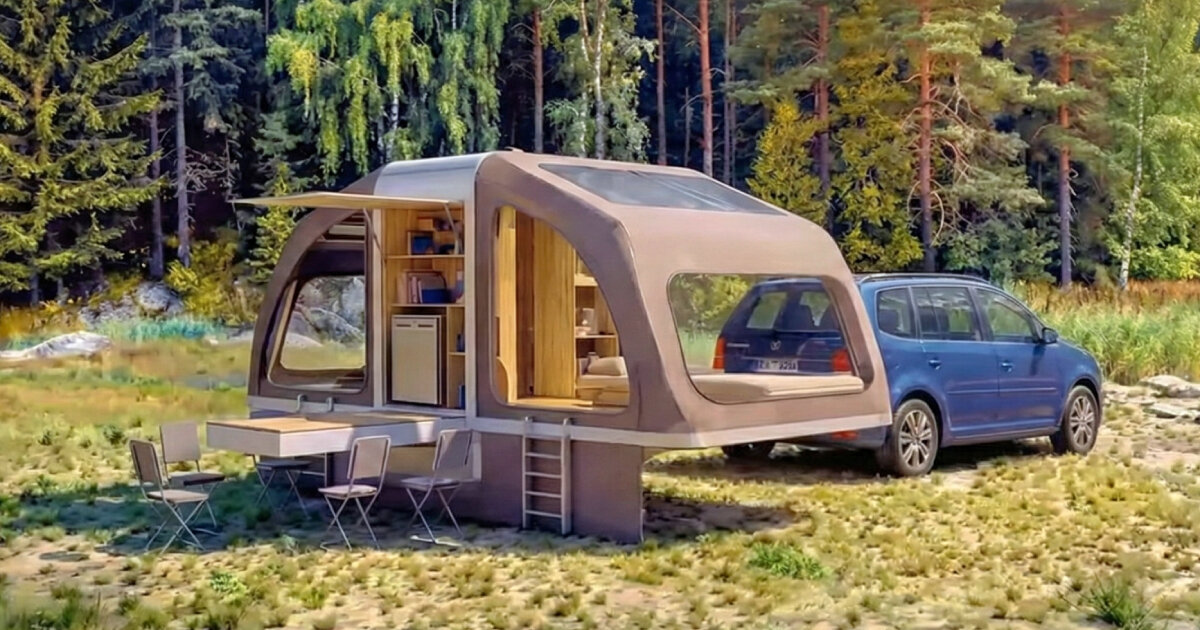 foldable tent box transforms from a wooden cabinet into a wing-like mobile shelter