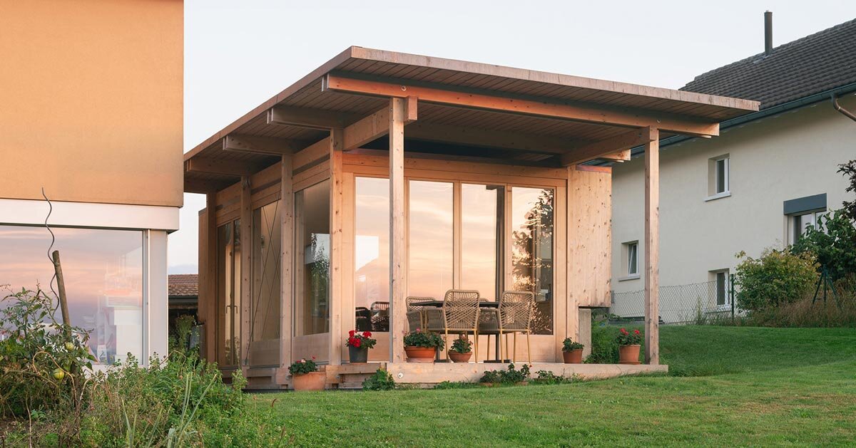 timber garden folly pavilion transitions between resting shelter and planted patio