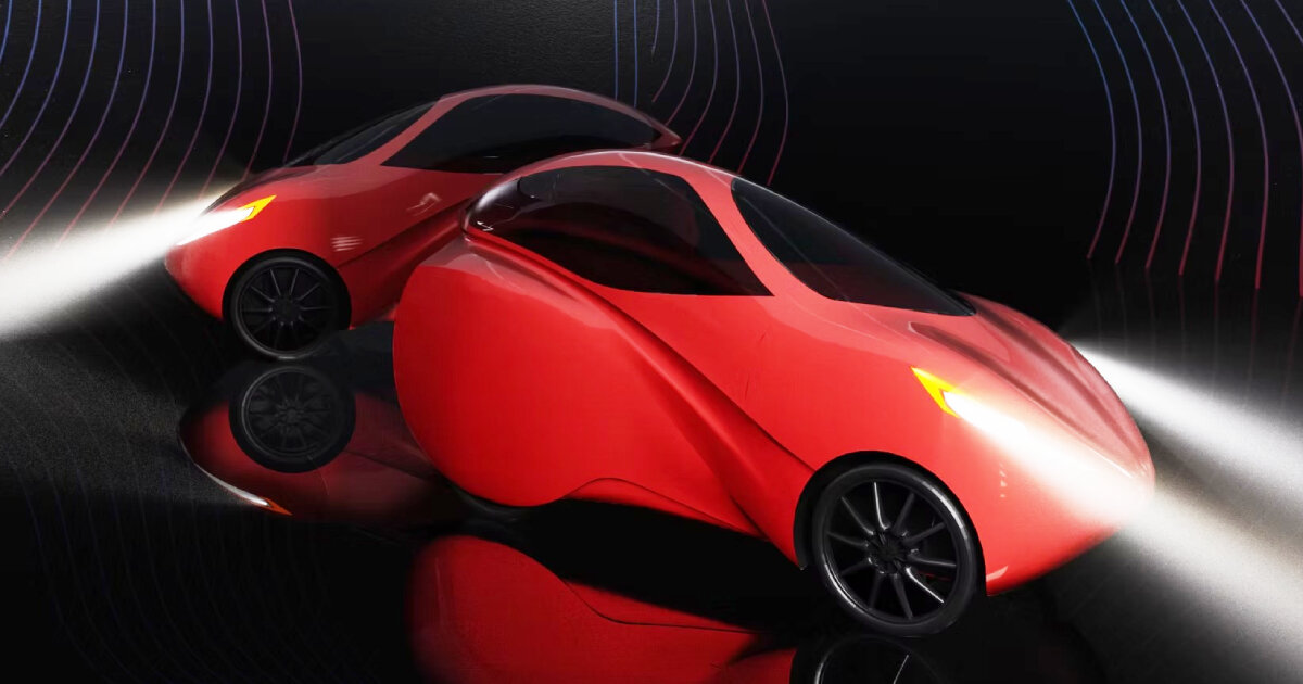 hybrid electric bike drives around with four wheels and a frame shaped like micro car