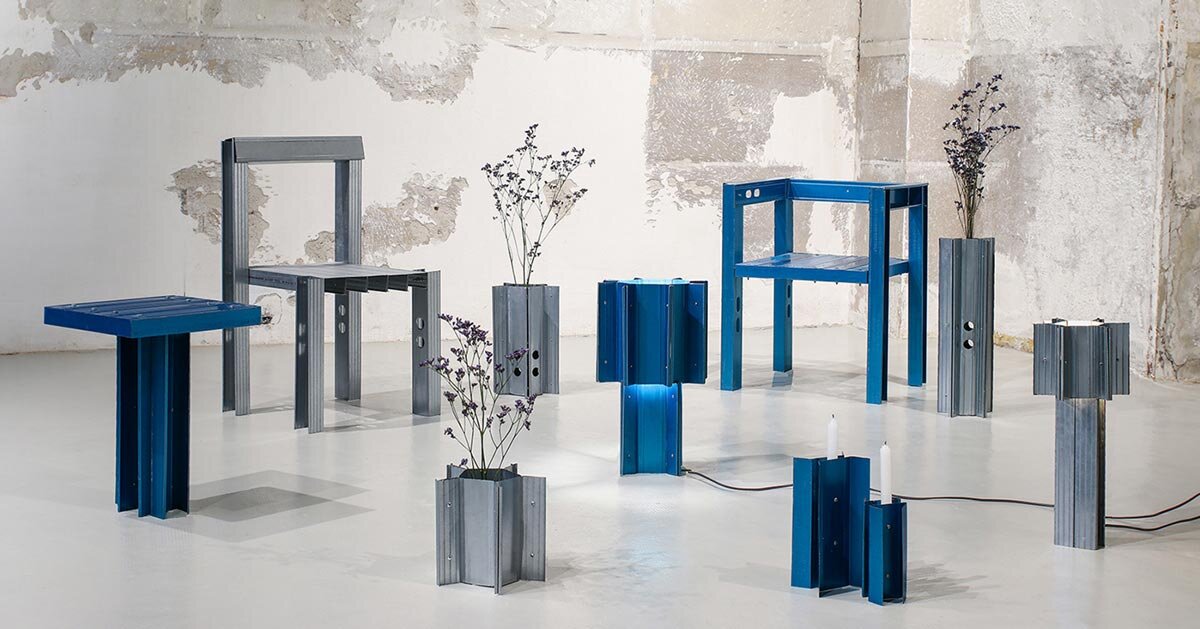 commonly hidden metal drywall guides recast as chairs, lighting and sculptural vases