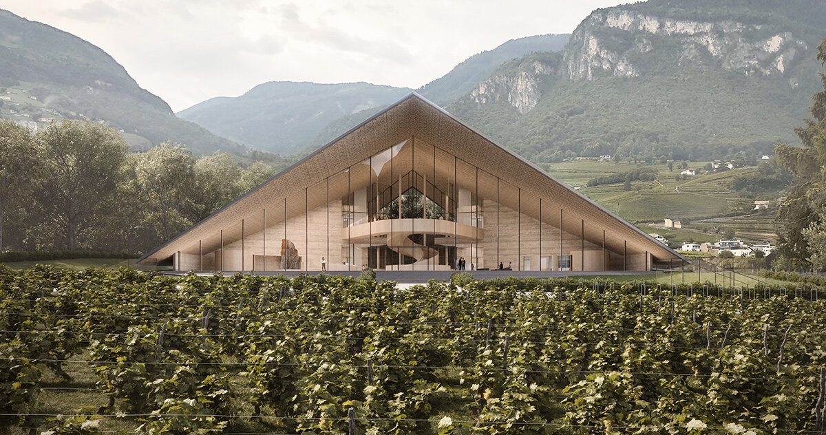 peter pichler designs this 'museum depot' to resemble a grassy tyrolean peak