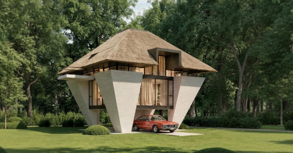 pitched thatched roof expands upon sarchina villa's cone white brick columns