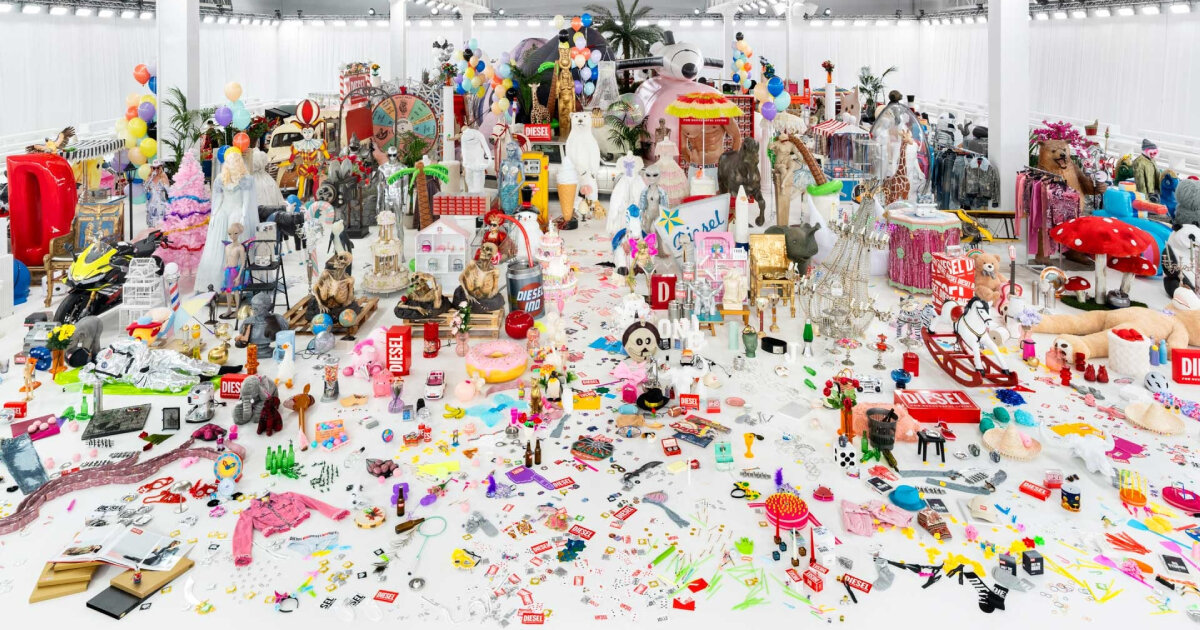 thousands of repurposed props, inflatables and memorabilia fill diesel's runway show in milan
