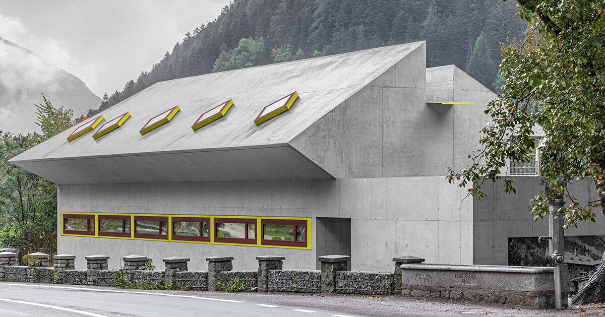 yellow diamond windows pierce angular concrete staff house by bergmeisterwolf in italy