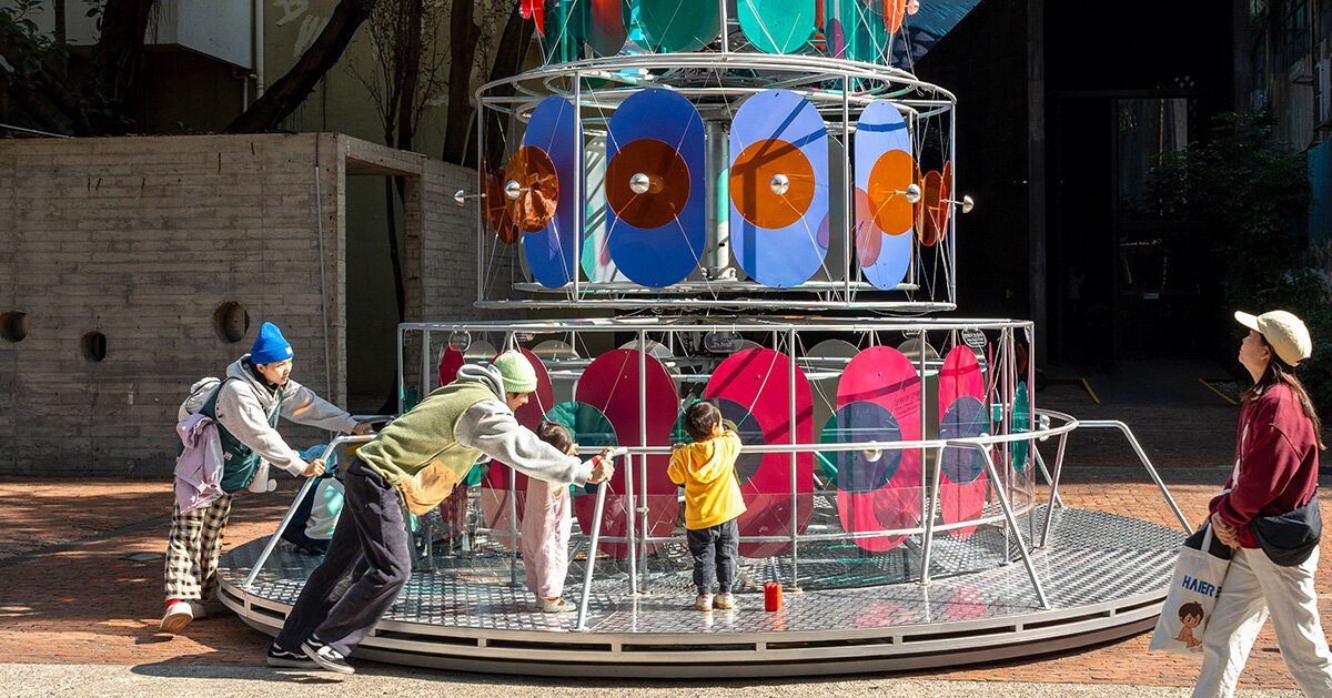 cake-like layers stack into a shared motion installation in china, bringing strangers into sync
