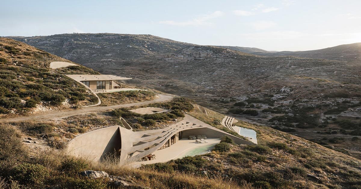 warm-toned concrete forms and planted roofs blend into the cycladic landscape of kythnos