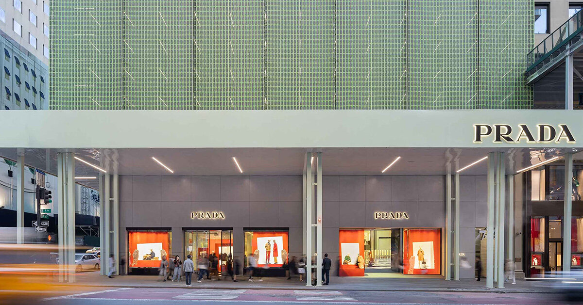 shimmering moire facade of prada flagship in NYC rethinks the permanence of scaffolding