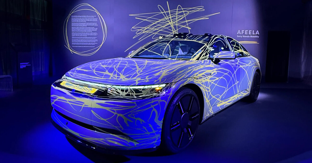 reflective lights and moire pattern adorn hajime sorayama and matt copson's AFEELA art cars