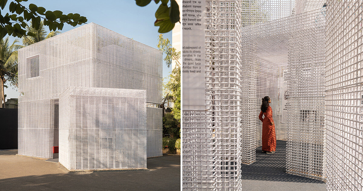 abin design studio's 'unscripted pavilion' is an ethereal grid in mumbai