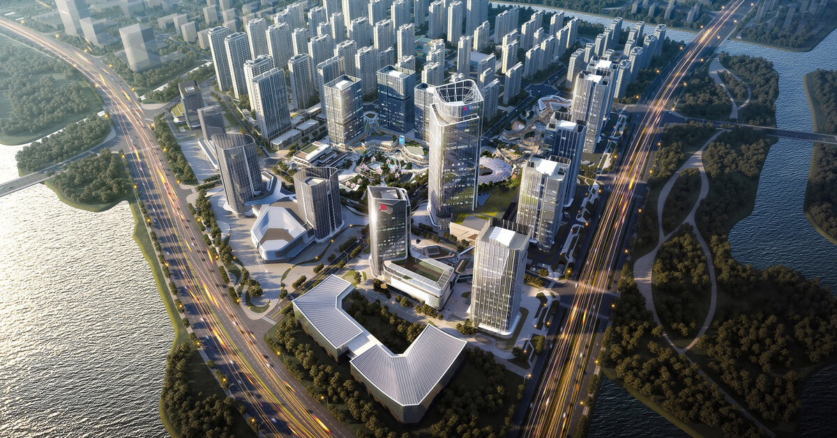 rippling glass facades and mountain-high towers shape urban district by AECOM