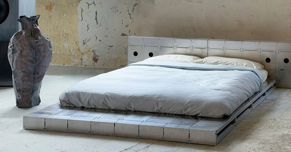 aluminum and bolted steel turn platform bed into architectural piece at paris design week