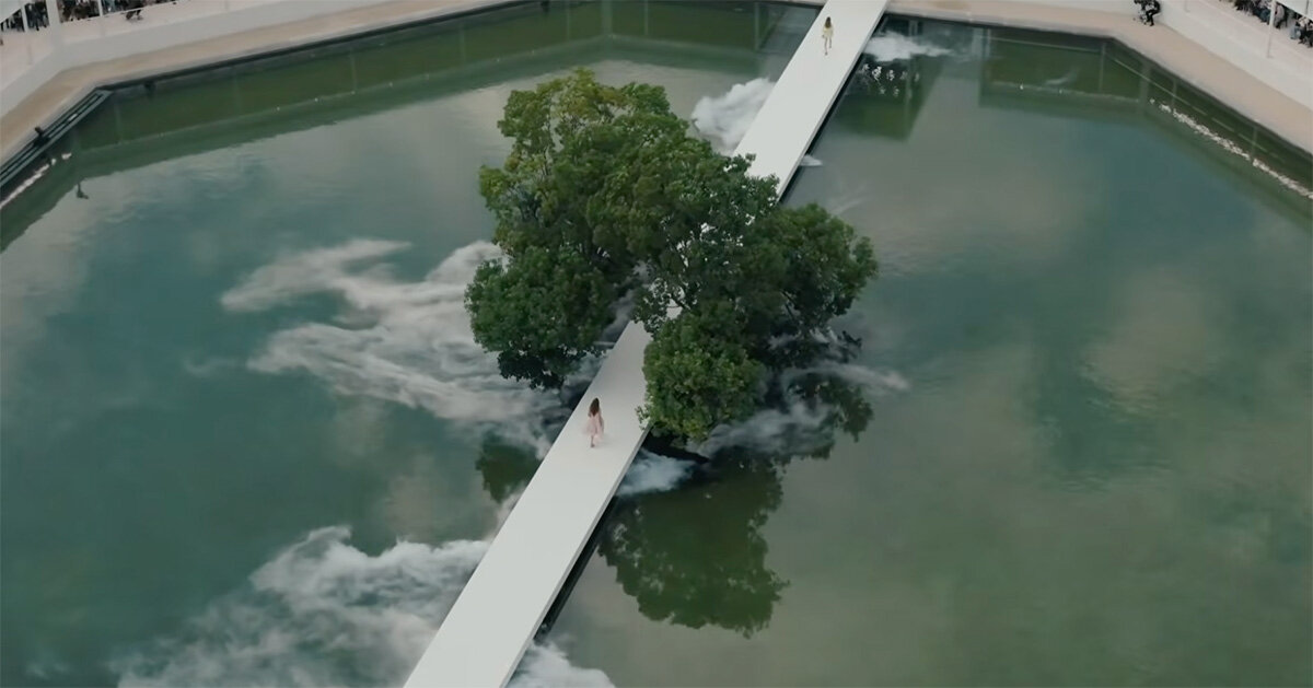 bureau betak places geometric white runway within mist-filled landscape for dior