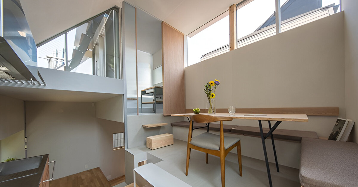 a spiral of timber beams and steel frames tiny 40-sqm tokyo home