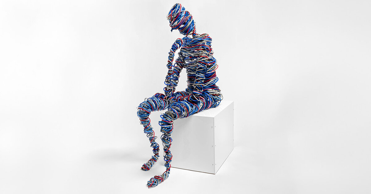 hundreds of feet of cable and steel reimagine rodin’s thinker for networked age