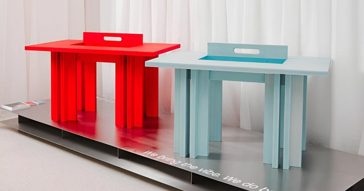 stained bamboo and concealed storage shape MK designers’ handle table