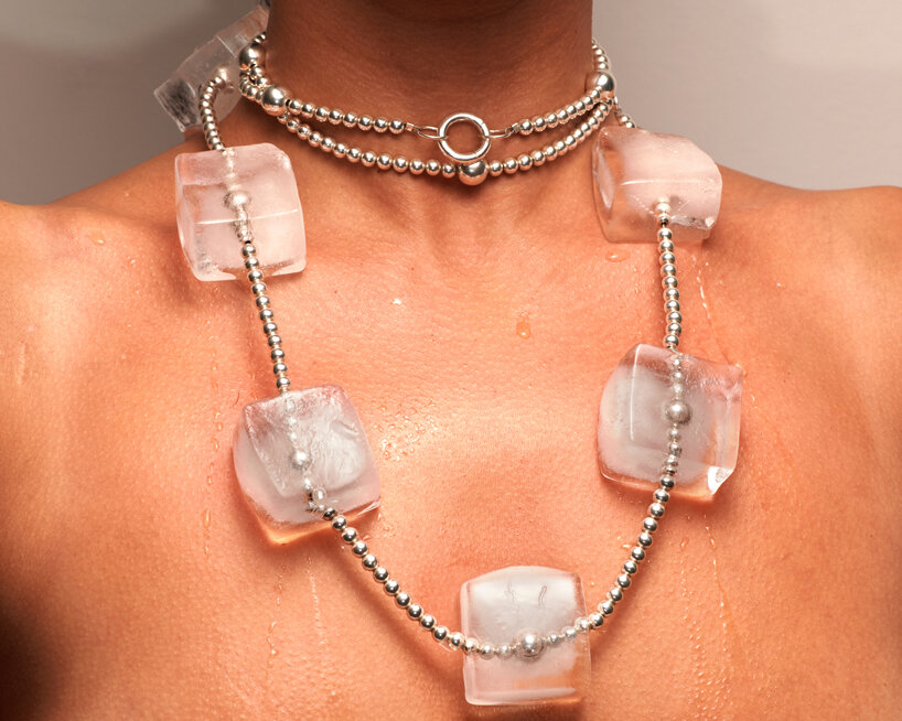 silver bead necklace comes with seven ice cubes that slowly vanish