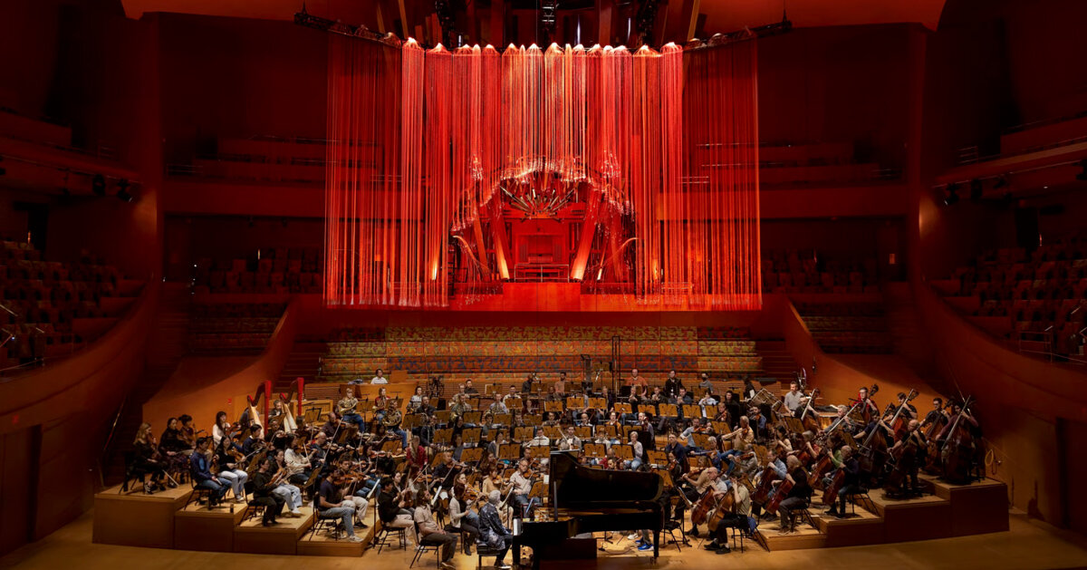 color-shifting light sculpture suspends above orchestra at walt disney concert hall