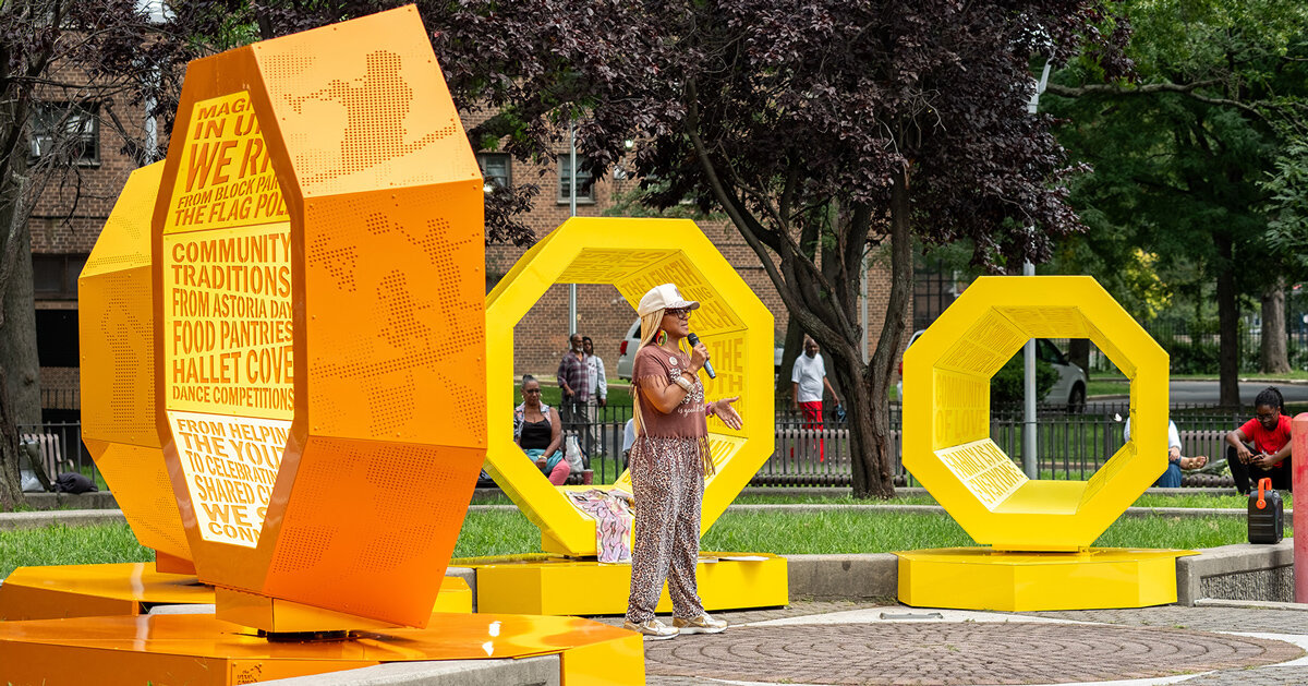 octagonal forms marked with community voices shape queens landmark