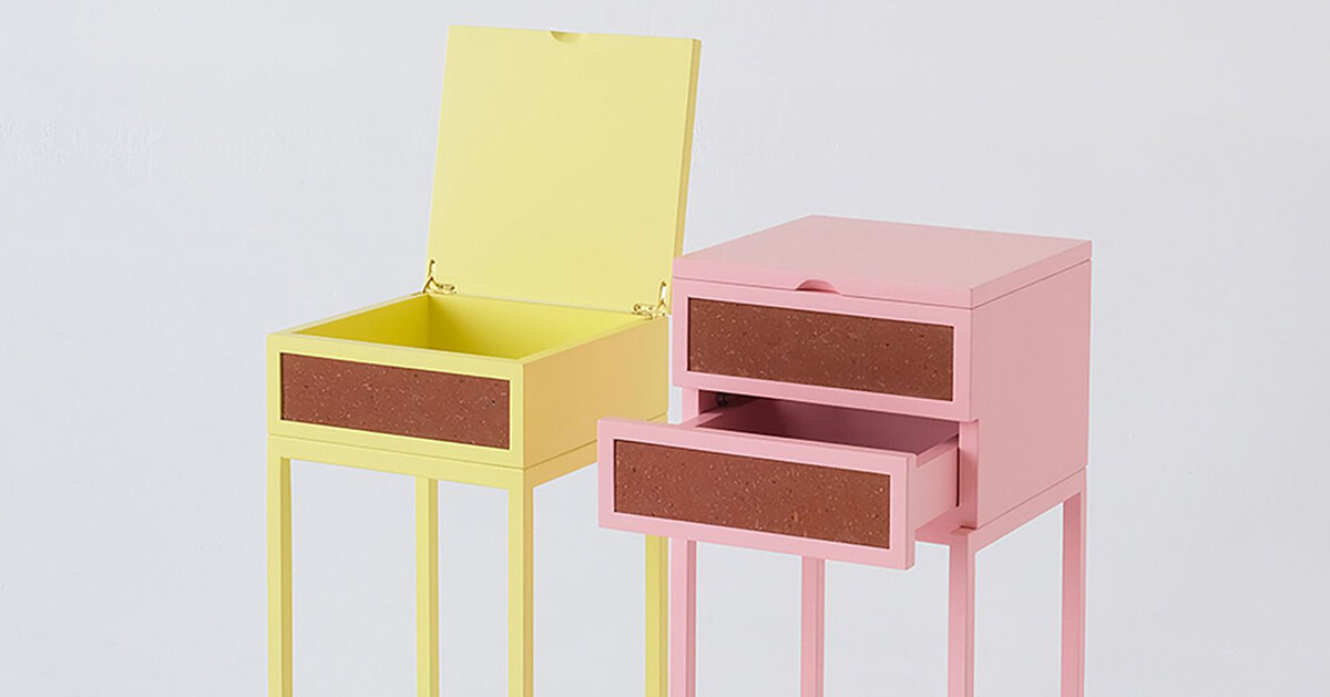 yellow and pink wheeled pencil cabinet draws from armenian volcanic stone
