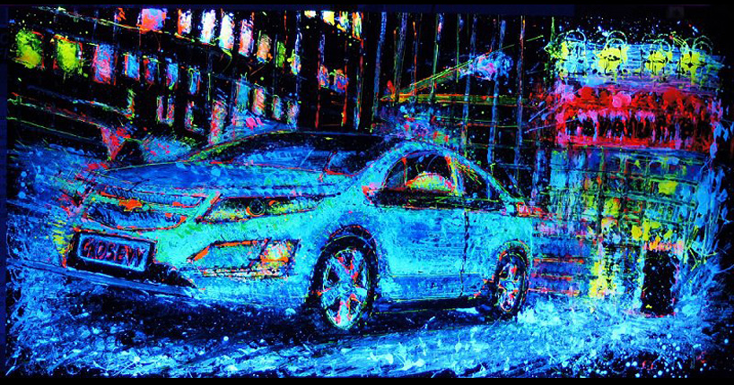 fluorescent car painting using RC cars for brushes