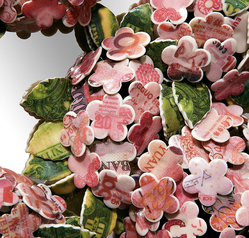 barnaby barford: avarice money petal porcelain installation