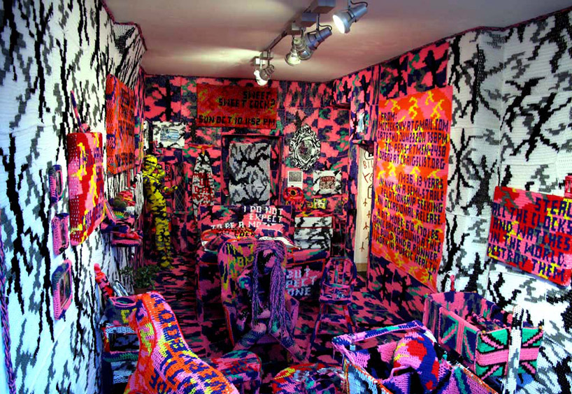 crocheted room by olek at tony's gallery, london