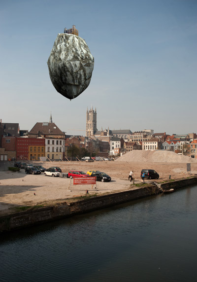 floating mountaintop castle on a giant balloon