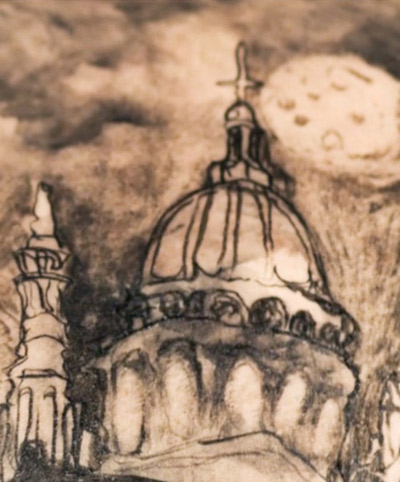 london cityscape drawn on a human canvas