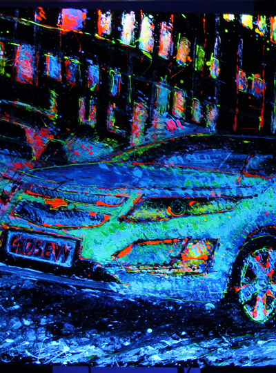 fluorescent car painting using RC cars for brushes