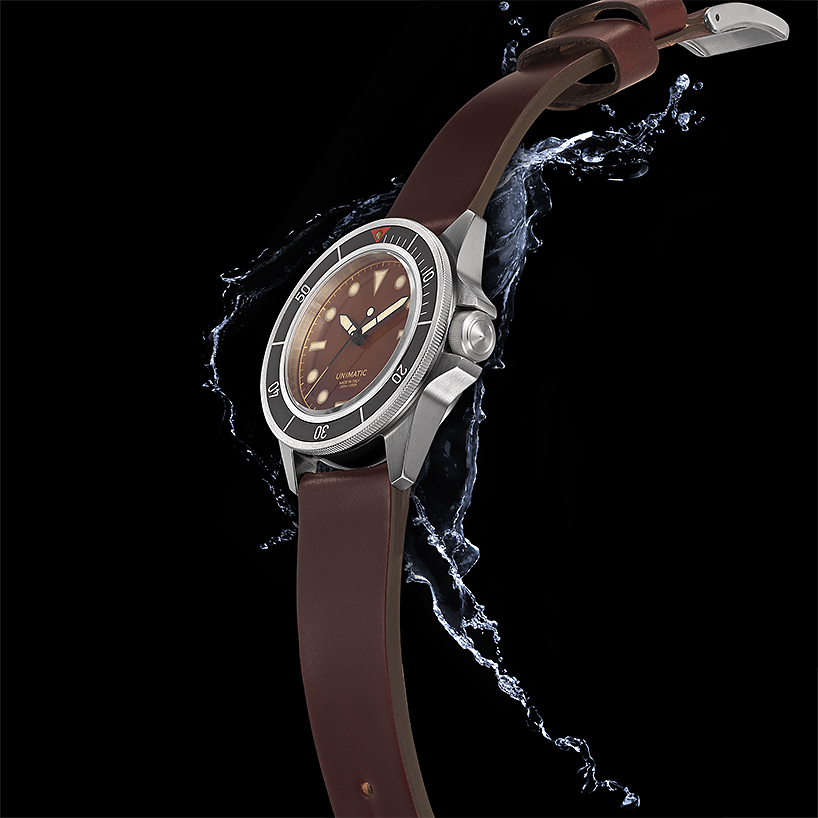 UNIMATIC x massena LAB watch features a unique patina dial and tactile black bezel designboom