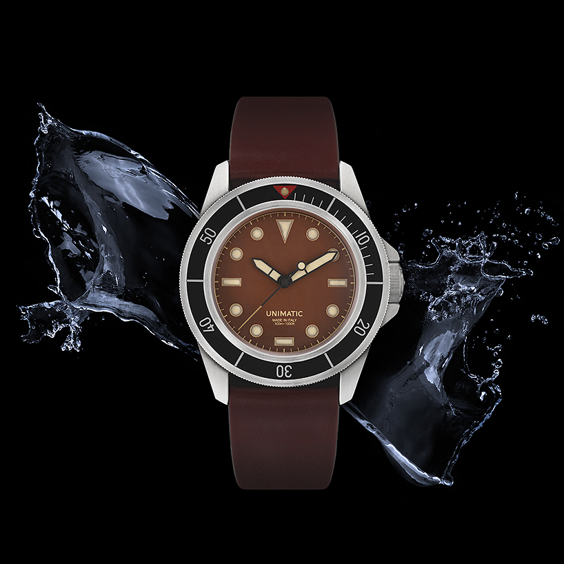 UNIMATIC x massena LAB watch features a unique patina dial and tactile black bezel designboom