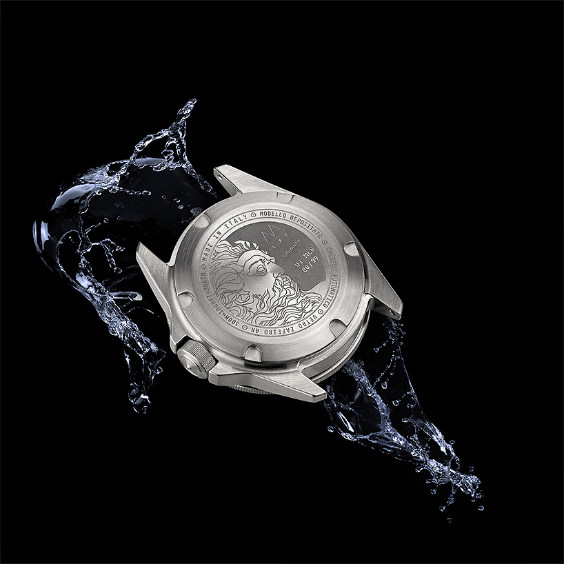 UNIMATIC x massena LAB watch features a unique patina dial and tactile black bezel designboom