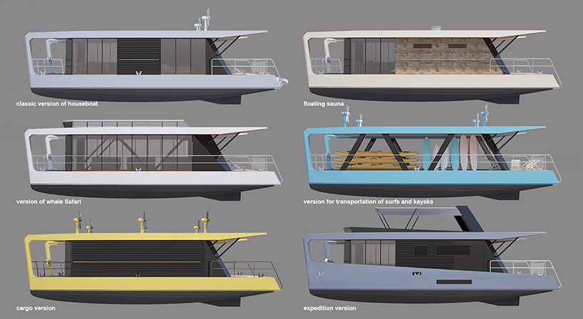 max zhivov integrates solar panels and wind turbines in traveling houseboat design designboom