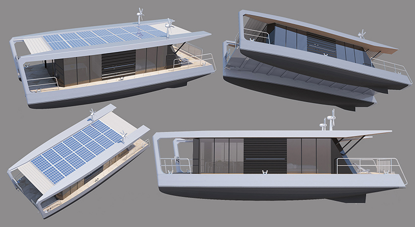 max zhivov integrates solar panels and wind turbines in traveling houseboat design designboom