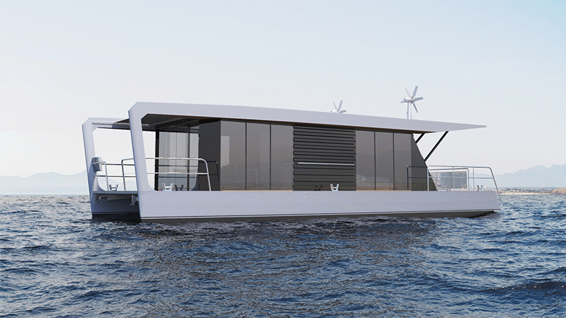 max zhivov integrates solar panels and wind turbines in traveling houseboat design designboom