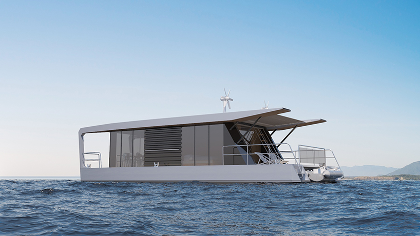 max zhivov integrates solar panels and wind turbines in traveling houseboat design designboom