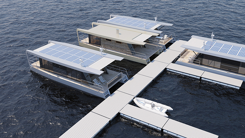 max zhivov integrates solar panels and wind turbines in traveling houseboat design designboom