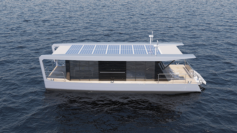 max zhivov integrates solar panels and wind turbines in traveling houseboat design designboom