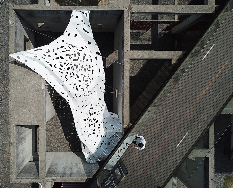 yong ju lee installs 'the wind shape' canopy to simulate the flowing movement of fabric designboom