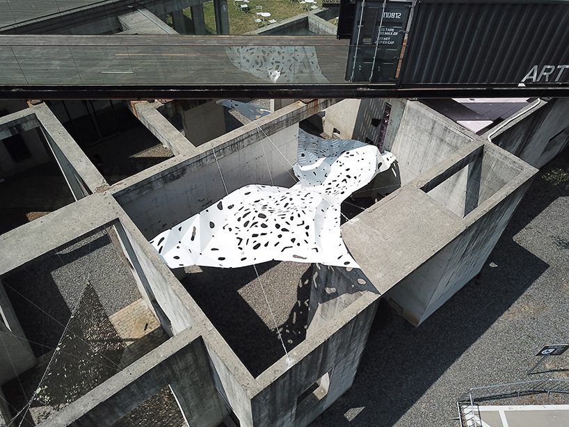yong ju lee installs 'the wind shape' canopy to simulate the flowing movement of fabric designboom
